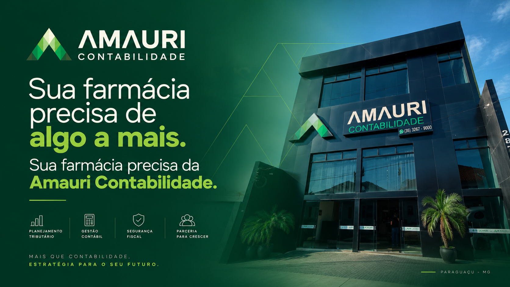 Equipe da Amauri Contabilidade trabalhando no escritório, com o letreiro da empresa ao fundo